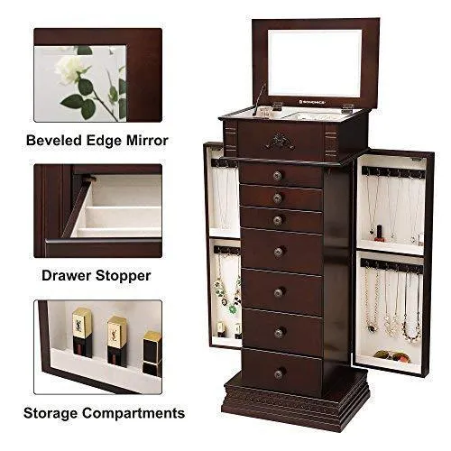SONGMICS Large Jewelry Armoire Cabinet Standing Storage Chest Neckalce Organizer Dark Walnut UJJC14K