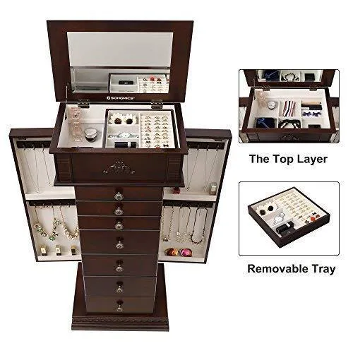 SONGMICS Large Jewelry Armoire Cabinet Standing Storage Chest Neckalce Organizer Dark Walnut UJJC14K