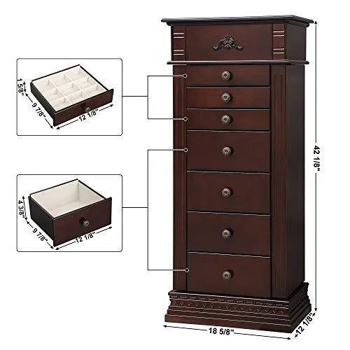 SONGMICS Large Jewelry Armoire Cabinet Standing Storage Chest Neckalce Organizer Dark Walnut UJJC14K
