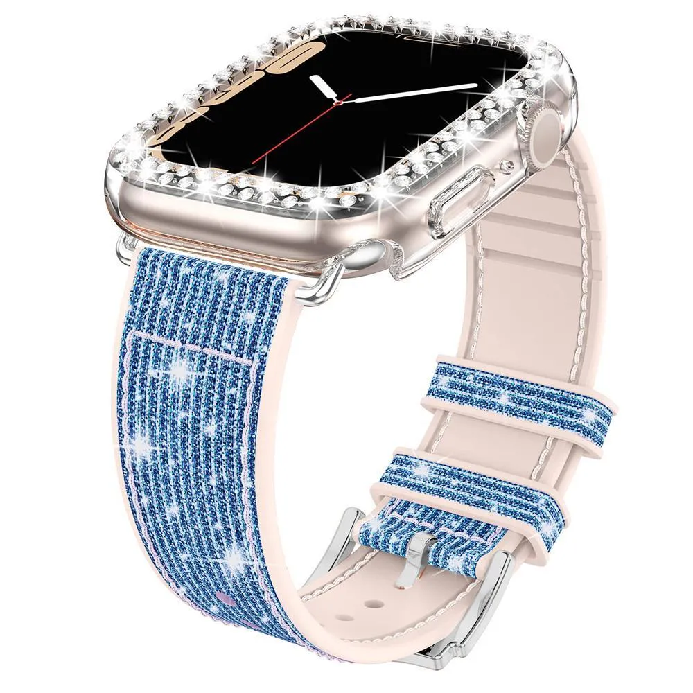 Sparkly Diamond Silicone Leather Strap for Apple Watch 44/41/45 40/42mm Band   Bling Case