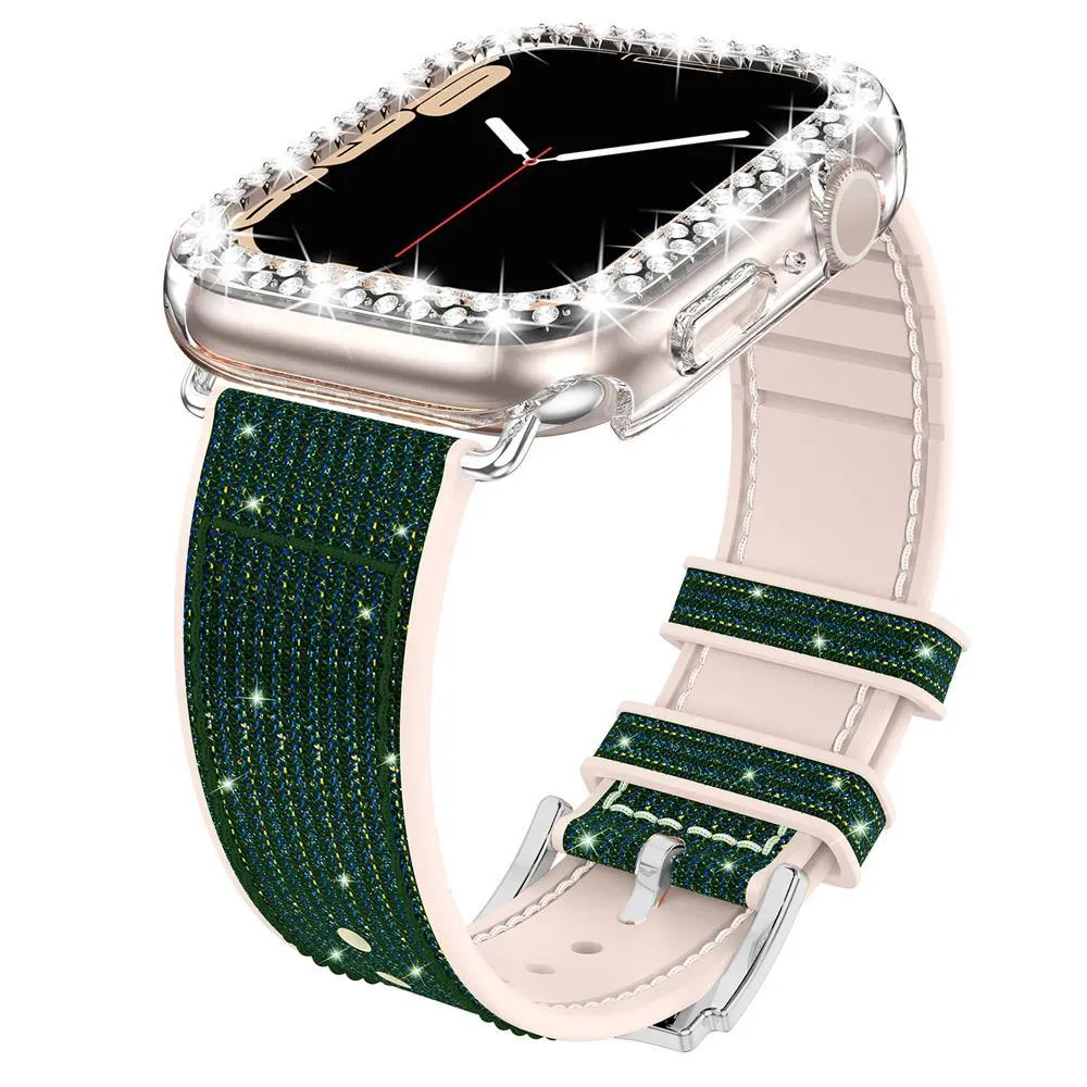 Sparkly Diamond Silicone Leather Strap for Apple Watch 44/41/45 40/42mm Band   Bling Case