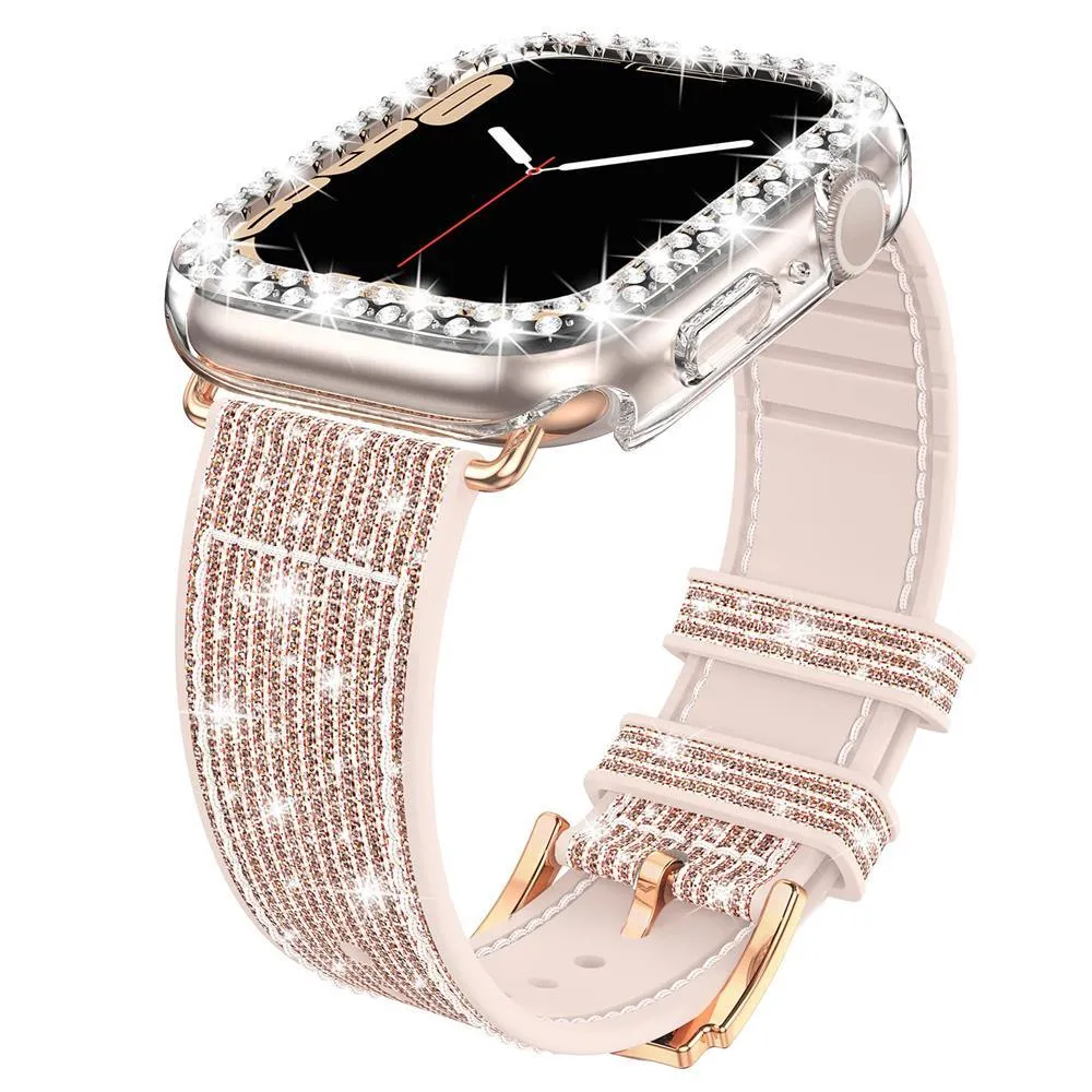 Sparkly Diamond Silicone Leather Strap for Apple Watch 44/41/45 40/42mm Band   Bling Case