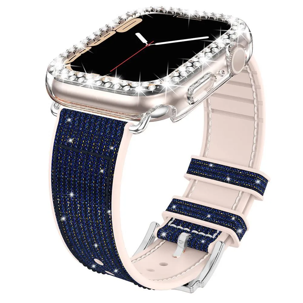 Sparkly Diamond Silicone Leather Strap for Apple Watch 44/41/45 40/42mm Band   Bling Case