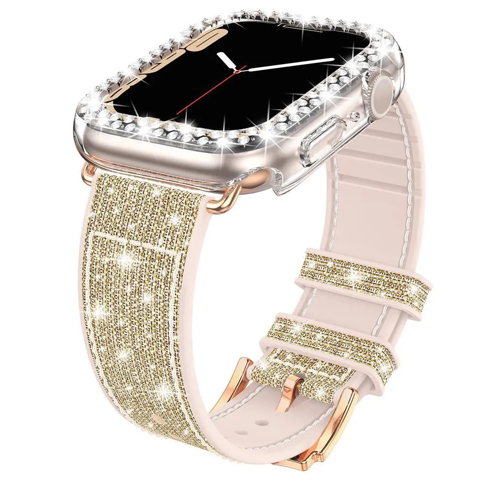 Sparkly Diamond Silicone Leather Strap for Apple Watch 44/41/45 40/42mm Band   Bling Case