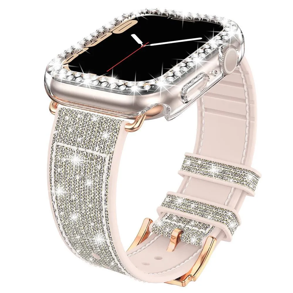 Sparkly Diamond Silicone Leather Strap for Apple Watch 44/41/45 40/42mm Band   Bling Case