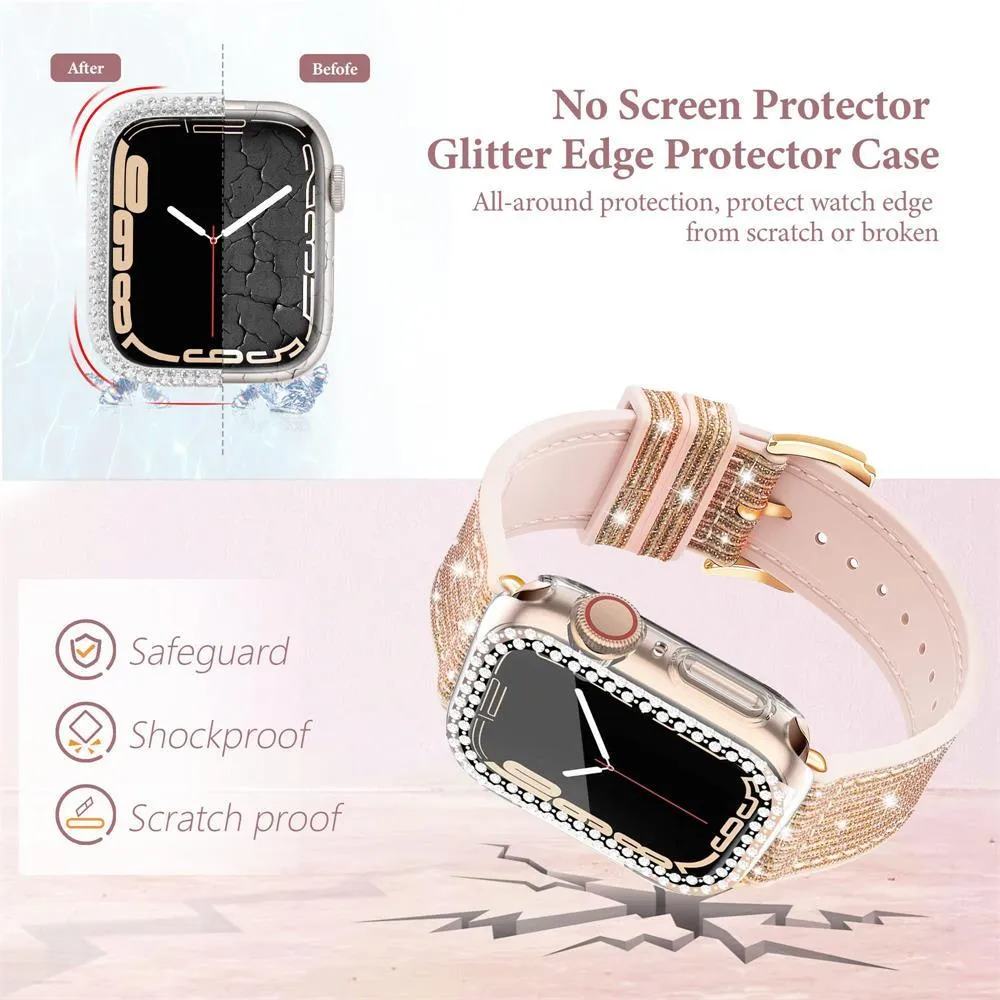 Sparkly Diamond Silicone Leather Strap for Apple Watch 44/41/45 40/42mm Band   Bling Case
