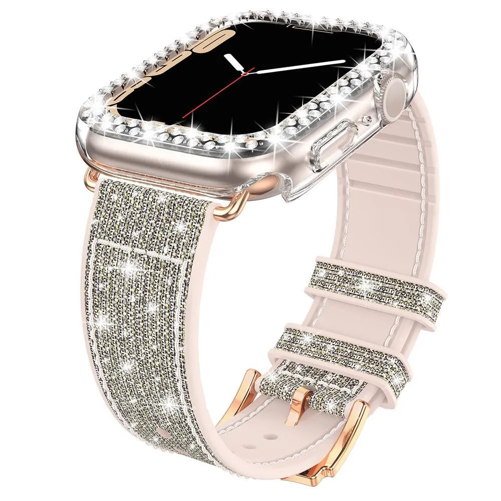 Sparkly Diamond Silicone Leather Strap for Apple Watch 44/41/45 40/42mm Band   Bling Case