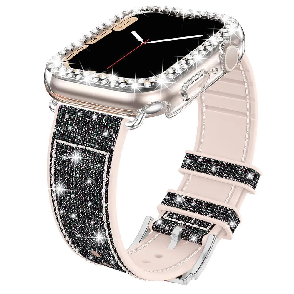 Sparkly Diamond Silicone Leather Strap for Apple Watch 44/41/45 40/42mm Band   Bling Case