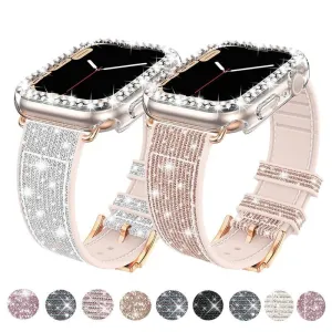 Sparkly Diamond Silicone Leather Strap for Apple Watch 44/41/45 40/42mm Band   Bling Case