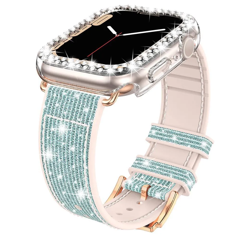 Sparkly Diamond Silicone Leather Strap for Apple Watch 44/41/45 40/42mm Band   Bling Case