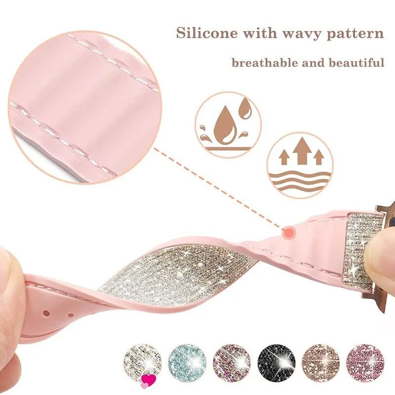 Sparkly Diamond Silicone Leather Strap for Apple Watch 44/41/45 40/42mm Band   Bling Case
