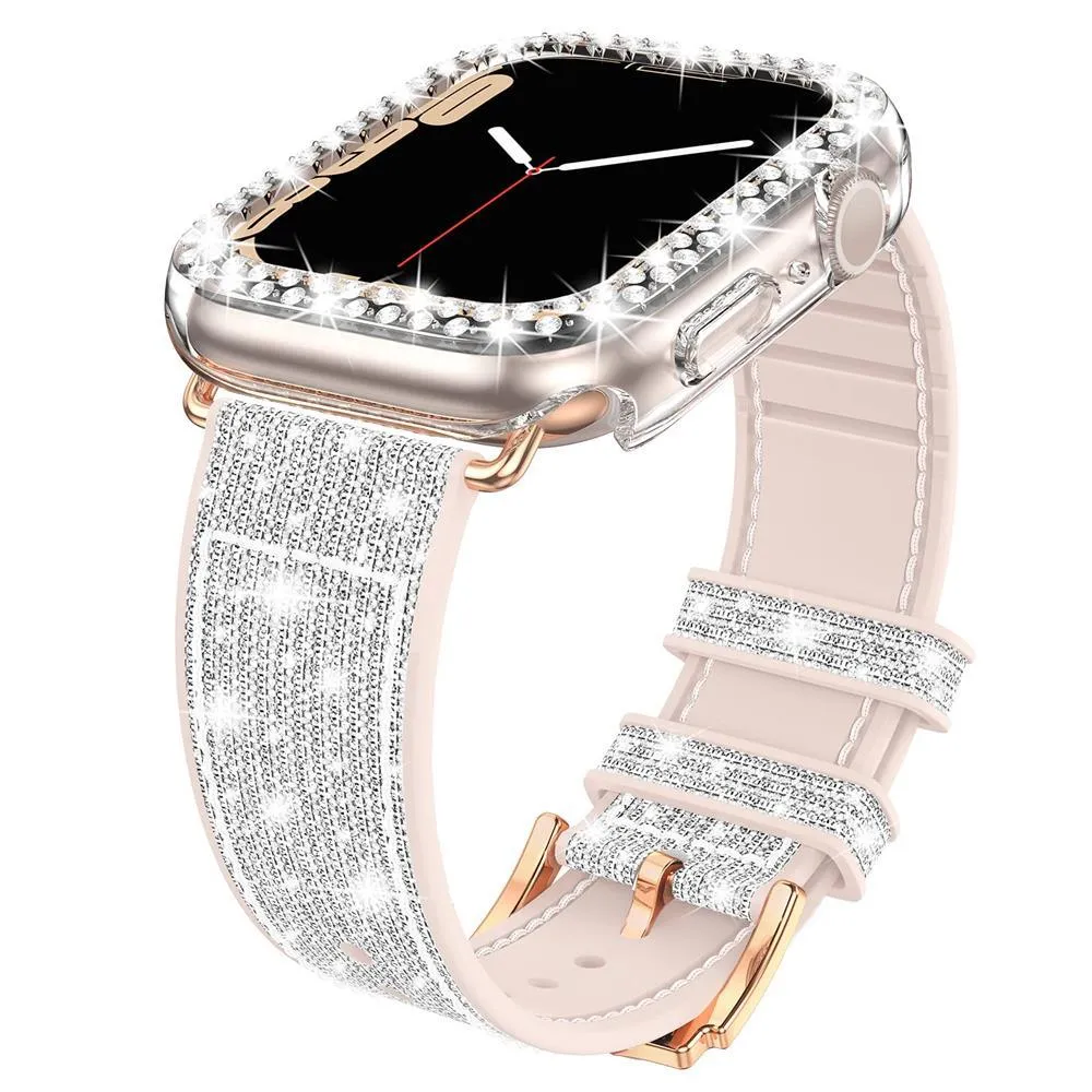 Sparkly Diamond Silicone Leather Strap for Apple Watch 44/41/45 40/42mm Band   Bling Case