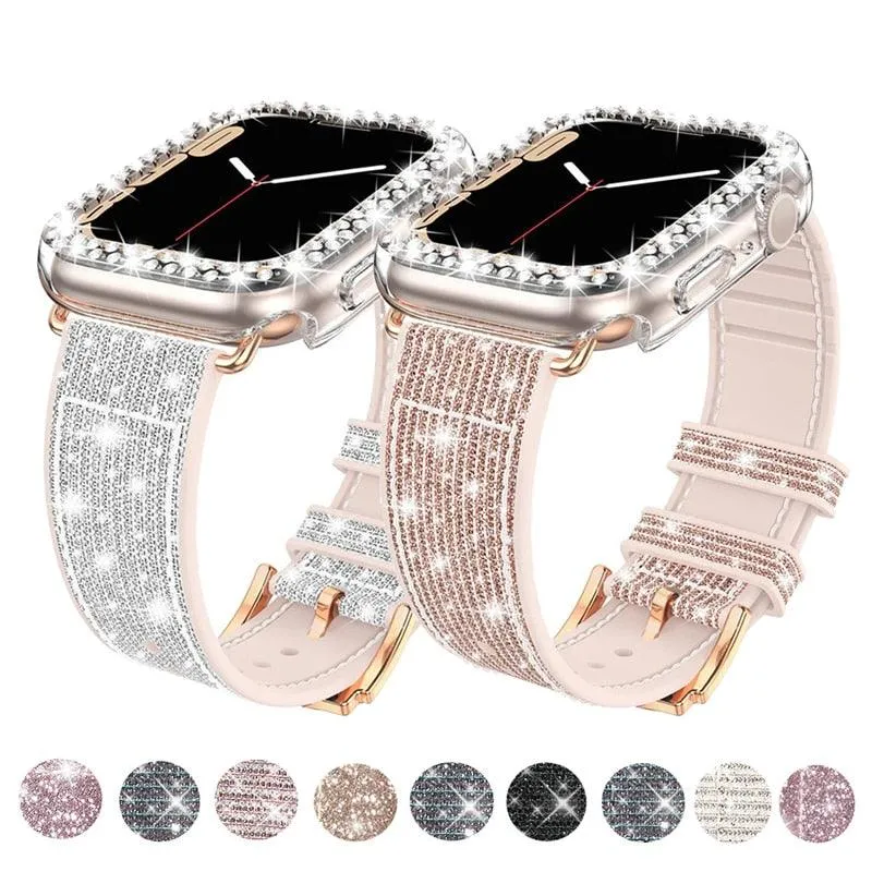 Sparkly Diamond Silicone Leather Strap for Apple Watch 44/41/45 40/42mm Band   Bling Case