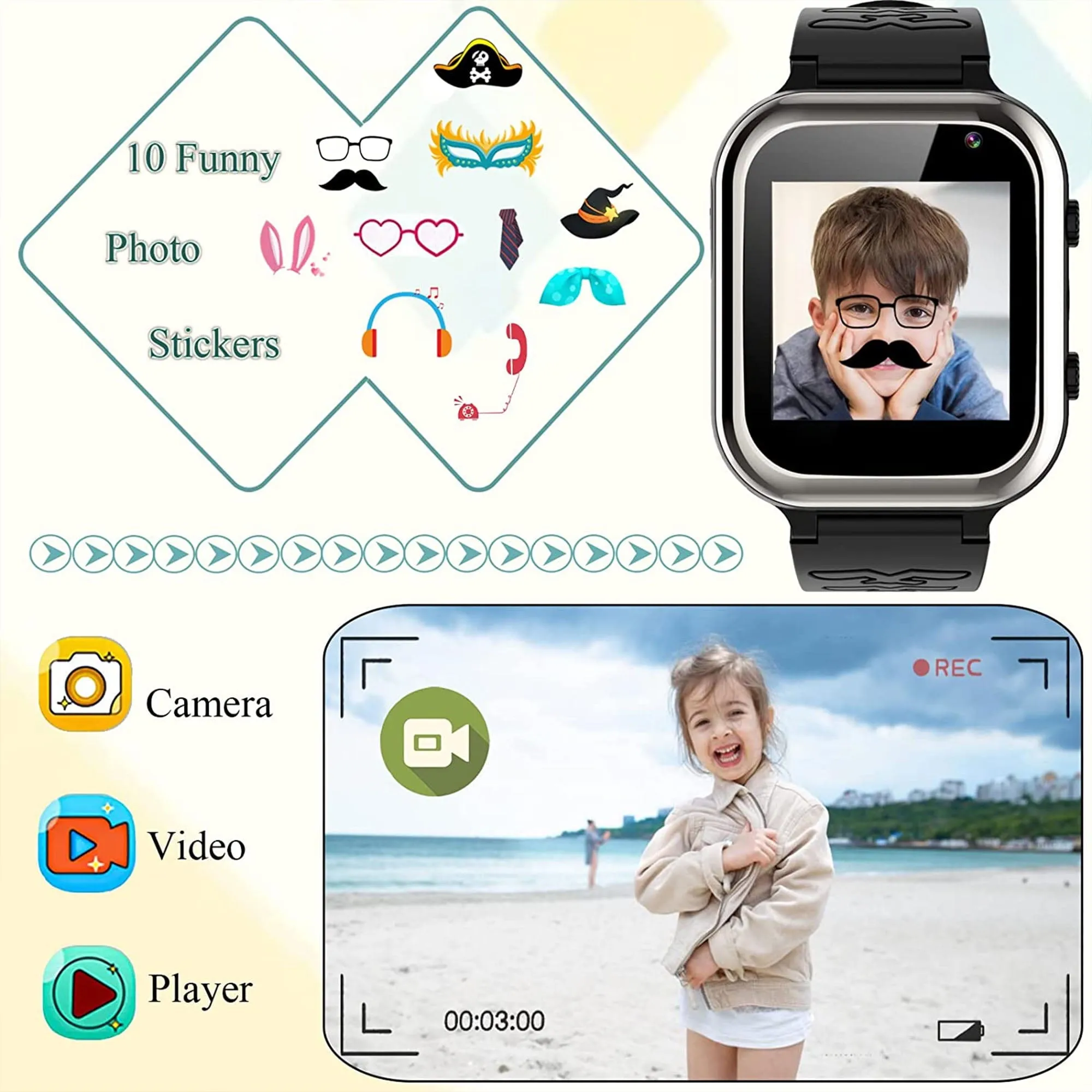 SZBXD Kids Smart Watch with SOS, Smartwatch Kids Phone Watch with 11 Games Pedometer Music Camera, Smart Watch for Kids Boys Girls 4-12 Years,Birthday Gifts for Children(Black)