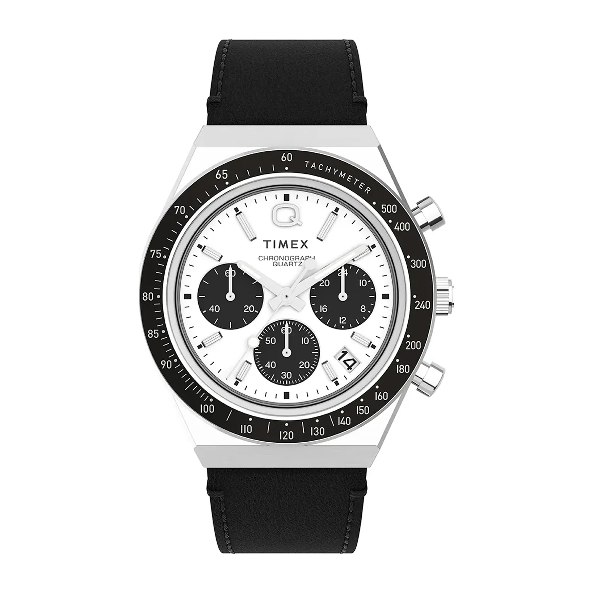 Timex Mens Q Timex Chronograph White Dial Black Strap