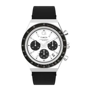 Timex Mens Q Timex Chronograph White Dial Black Strap