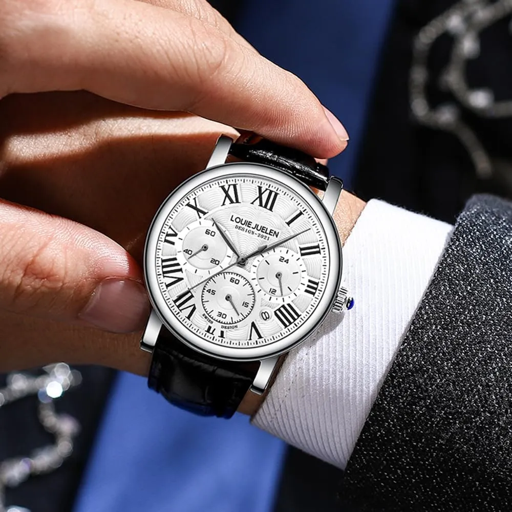 TOOCAT Men's Multifunction Watch, Business Quartz Wristwatch Leather Band Roman Numerals 30M Waterproof Calendar Chronograph Analog Wristwatch Suitable for Business Men College Students