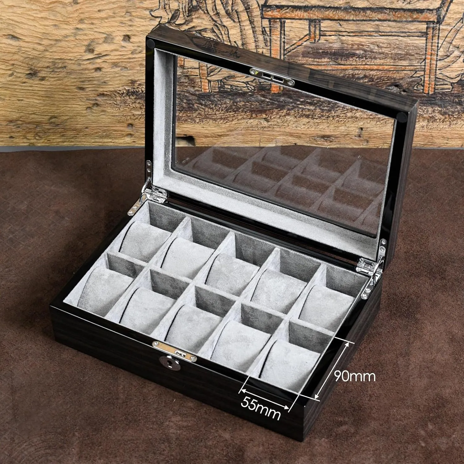 Watch Box for Men 10 Watches Storage box&Organizer Smart Watch Display Case - Ebony Wood with Soft Velvet Interior-Large Glass Window-Gift for Women and Man (10W-GYG)
