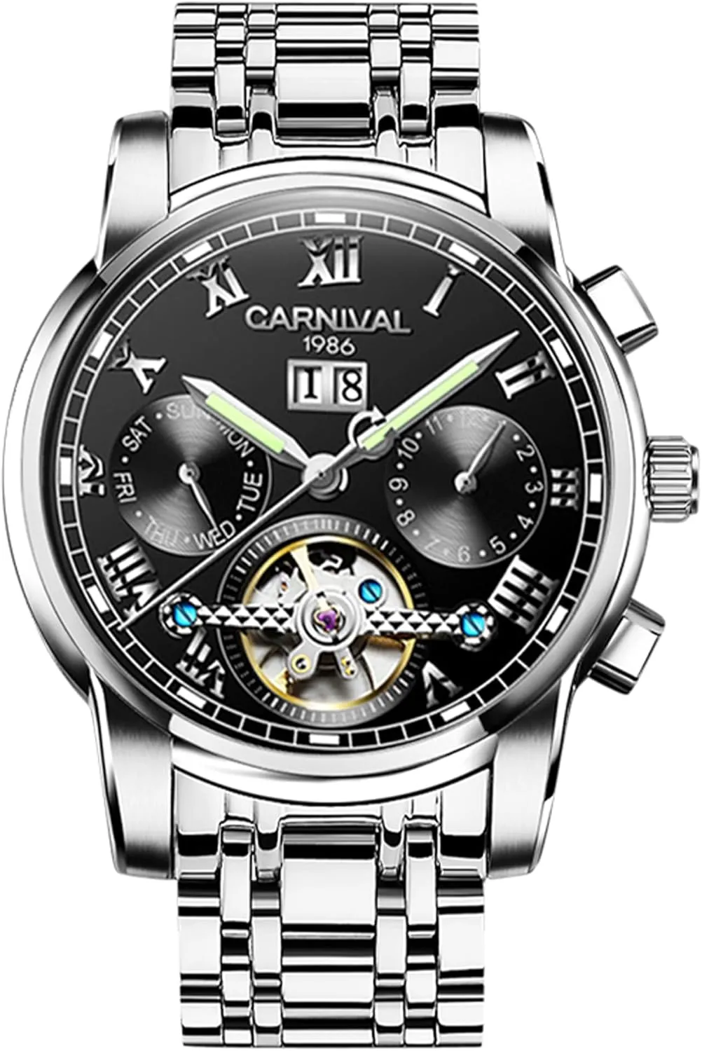 White-Toned Stainless Steel Open-Heart Mechanical Watch for Men, Multifunctional with Numeric Date, Weekday, Month Display, 41mm, Water-Resistant, Anti-Reflective Crystal, Butterfly Clasp