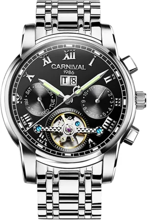 White-Toned Stainless Steel Open-Heart Mechanical Watch for Men, Multifunctional with Numeric Date, Weekday, Month Display, 41mm, Water-Resistant, Anti-Reflective Crystal, Butterfly Clasp