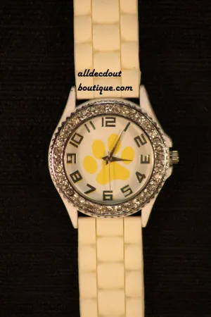 White/White Yellow Paw Clear Rhinestones | Silicone Band