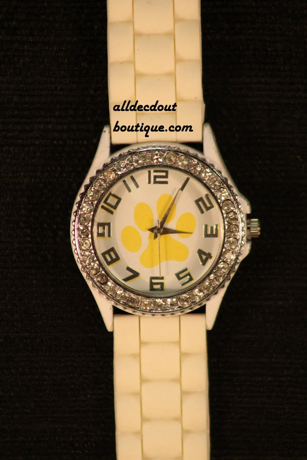 White/White Yellow Paw Clear Rhinestones | Silicone Band