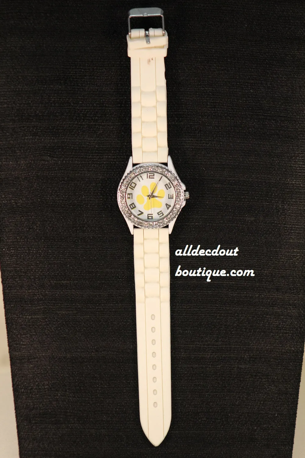 White/White Yellow Paw Clear Rhinestones | Silicone Band