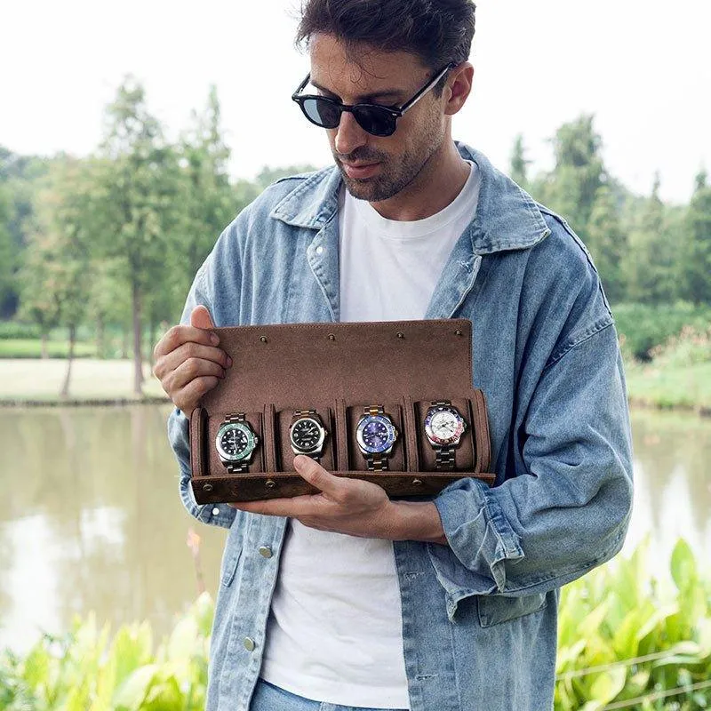 Woosir Leather Watch Roll Case for 4 Watches